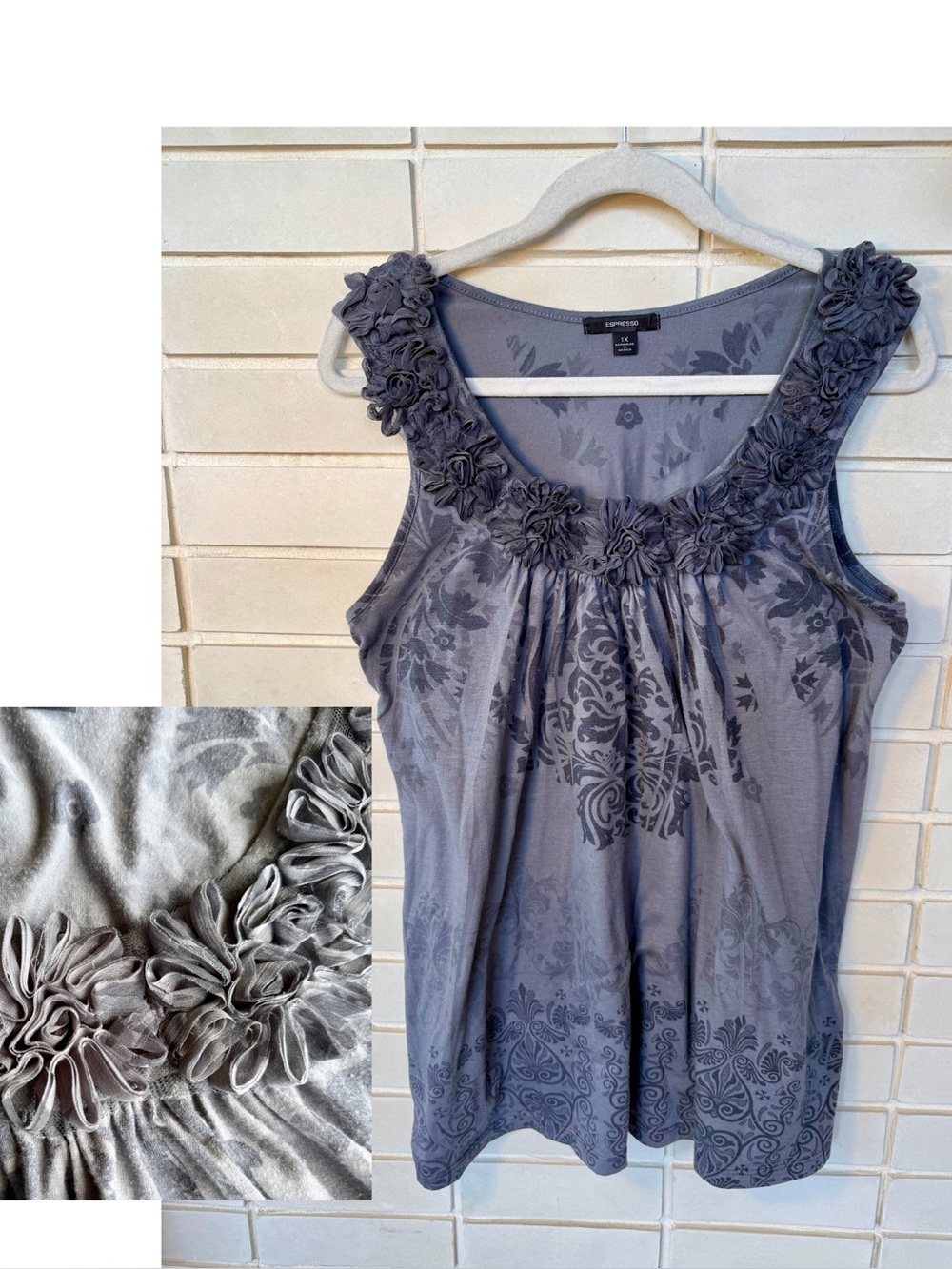 Espresso Gray Damask Tank * Size 1X * Rosette Trim * Y2K Baroque Boho Top